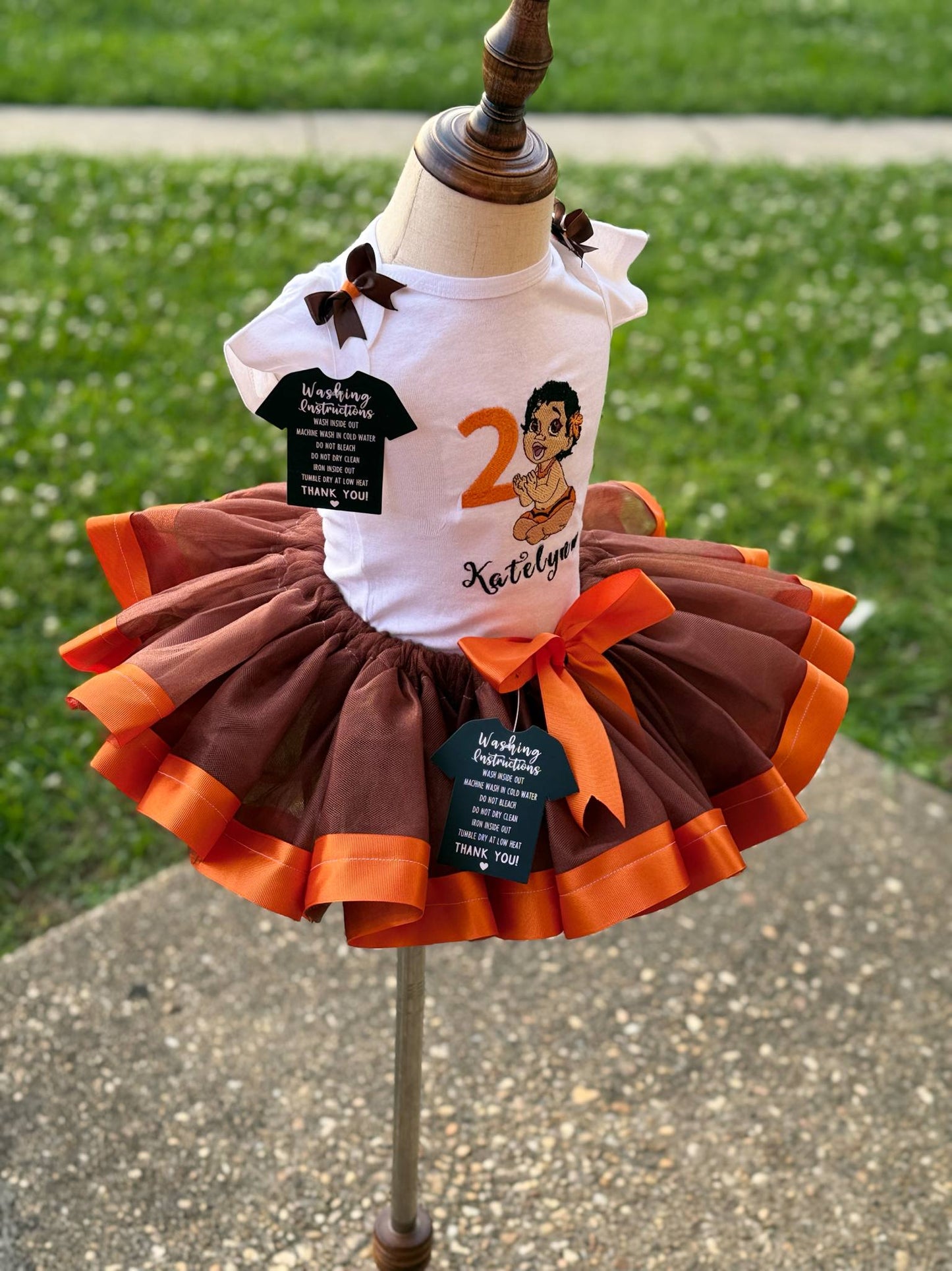 Baby Moana-Inspired Tutu Set – Orange & Brown | Embroidered Shirt Included