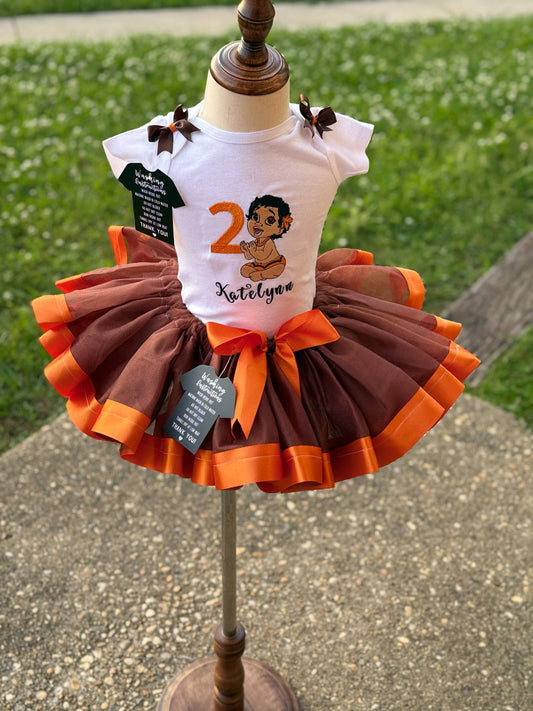 Baby Moana-Inspired Tutu Set – Orange & Brown | Embroidered Shirt Included